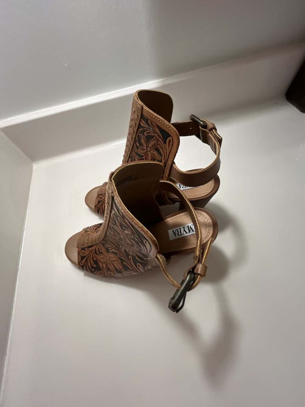 Myra Bag Dodge Town Hand-Tooled Leather Open Toe Heels - Picture 2 of 15